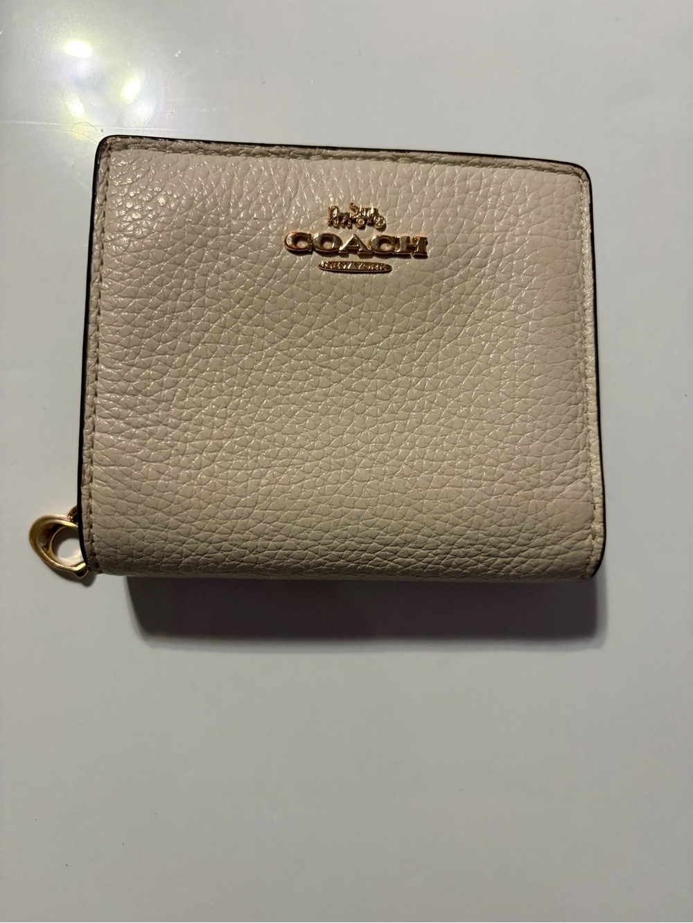 Coach Cream Pebbled Leather Zip Wallet with Gold Logo